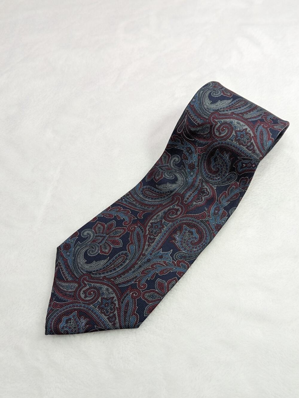 Vintage Kuppenheimer Silk Necktie Mens Red Navy Slate Paisley Retro Woven Tie